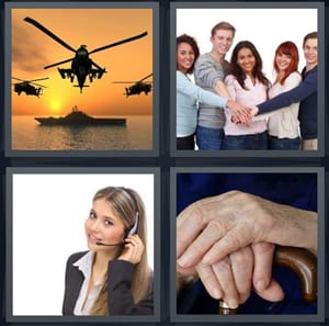 army planes at sunset, group of people with hands in, telephone operator, hands on cane