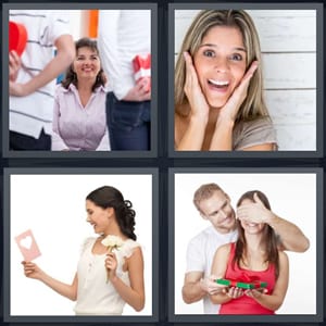 mother receiving gifts from kids, happy woman with excited face, woman reading card with flowers, man giving present to girlfriend