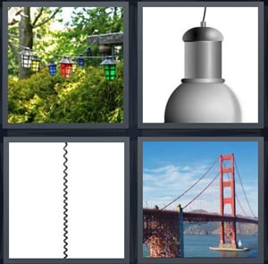 lanterns hanging in garden, hanging silver bottle canteen, black phone cord, Golden Gate bridge in San Francisco