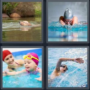 dog in lake outside, person in pool with goggles, baby learning to swim, swim person in pool