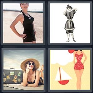 woman with one piece bathing suit on beach, Victorian bather woman, woman traveling with suitcase, cartoon boat and polka dots suit