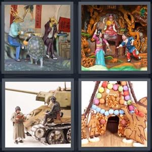 woman in painting, Asian scene plastic, army soldier with tank, gingerbread house