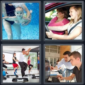 baby in swimming pool, young girl learning to drive, exercise class steps, student learning computer