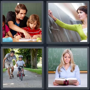 student with father learning, woman drawing on chalkboard math, kid learning to ride bicycle, woman reading book in front of chalkboard