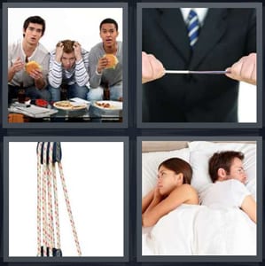 men eating in front of television eating, man snapping rod, rope pulley, couple in bed having argument