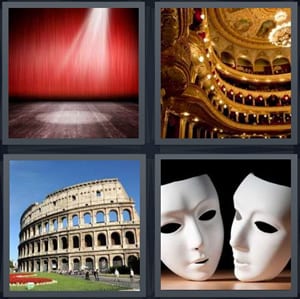 stage with spotlight and red curtain, opera house with gilded design, Roman Coliseum, white drama masks