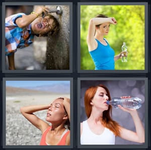 boy drinking from tap, woman wiping forehead exercising, woman sweating in hot sun, woman drinking water