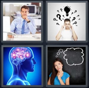 man at work with computer, question marks man thinking, brain in blue head, woman thinking