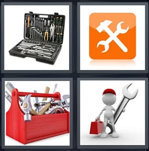kit with screwdrivers, symbol for tool on computer, red box with wrenches tools, worker with large wrench