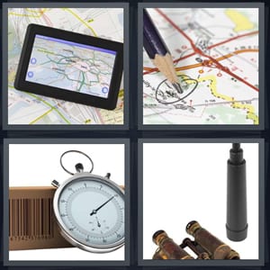 GPS unit for car, city circled on road map with pencil, old fashioned compass, binoculars for hunting