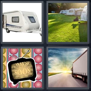 RV hitch, camper park, television with coming soon, truck on highway with sunset
