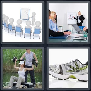 work meeting cartoon, woman giving presentation, woman lifting large weight with help, running sneaker