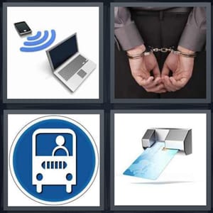 transmit information from device to computer, man in handcuffs, icon for bus stop, credit card in machine