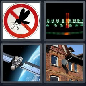 sign for no mosquitos, radio dial analog, space station above earth, satellite dish on brick house