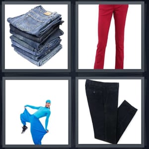 stack of folded denim jeans, red pants, costume for break dancing, black dress slacks with button