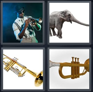 jazz player on stage, elephant with long trunk, instrument, brass instrument