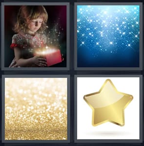 girl opening magic box, stars in blue sky, gold glitter, gold star