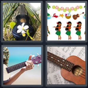 instrument in tropical setting, icon symbols for Hawaii, man playing string instrument, instrument with sheet music