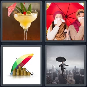 fancy fruity orange cocktail, sick couple in rain, coins being sheltered for rainy day, man walking on tightrope above city