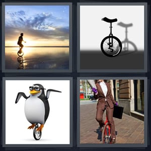 beach at sunset riding, bike with one wheel, penguin on one wheel bike, woman riding one wheel