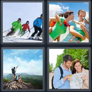 family skiing on snowy mountain, family laughing on beach, man climbing mountain at summit, tourists with map