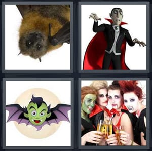 bat hanging upside down, cartoon Dracula in cape, monster with wings and green face, women dressed for Halloween