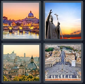 basilica at sunset in city, statue of pope with cross, birds eye view of Rome, city center circle