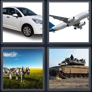 new white car, airplane in air, horse carriage in field of flowers, army tank in desert