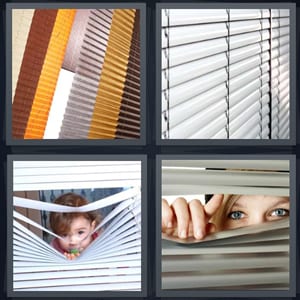 different colored blinds for window, window with closed blinds, child looking through blinds, woman peeking through blinds