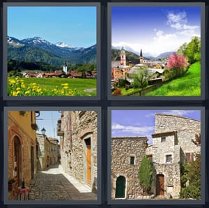 small town in green mountain, countryside around town, cobblestone walkway in town, castle or fortress made of stone