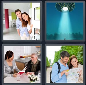 couple opening door for guest, aliens with spaceship abducting someone, elderly aide at work in kitchen, tourists with map