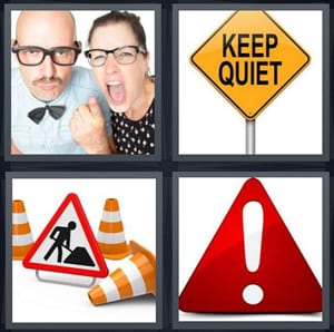 man with glasses woman yelling, keep quiet sign, construction sign, red caution sign with exclamation point