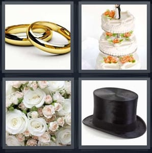 gold bands rings, cake with bride and groom on top, white roses flowers, top hat for groom