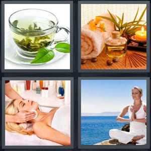 herbal mint tea in glass, essential aromatherapy oils with candle, woman getting massage, woman meditating by sea