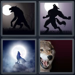 wolf walking by full moon, monster yelling by full moon, wolf howling at moon, wolf with teeth bared