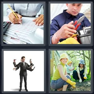 man calculating finances, man with tools plumber, man with many arms, women in garden planting