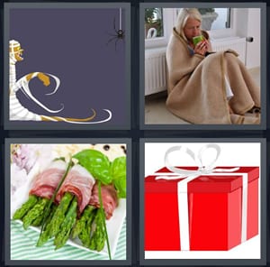 cartoon man in long bandage, sick woman in blanket by heater, asparagus with bacon, gift with white ribbon