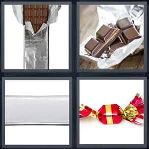 chocolate in foil, chocolate squares, bar in foil, hard candy in red and gold