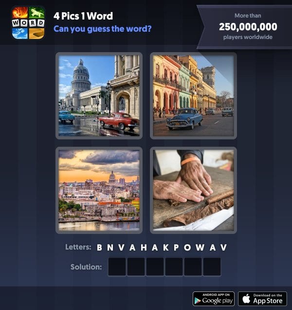 4 Pics 1 Word Daily Puzzle, November 7, 2018 Cuba Answers - havana