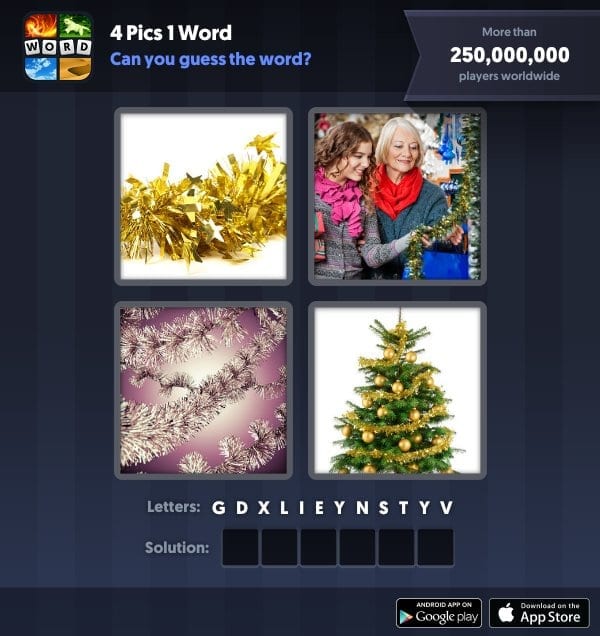 4 Pics 1 Word Daily Puzzle, December 11, 2018 Christmas Answers - tinsel