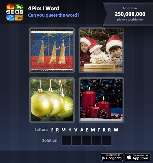 4 Pics 1 Word Daily Puzzle, December 18, 2018 Christmas Answers - three