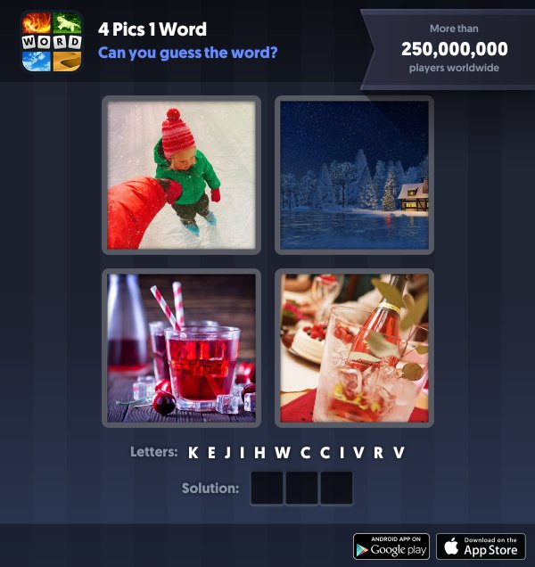 4 Pics 1 Word Daily Puzzle, December 23, 2018 Christmas Answers - ice
