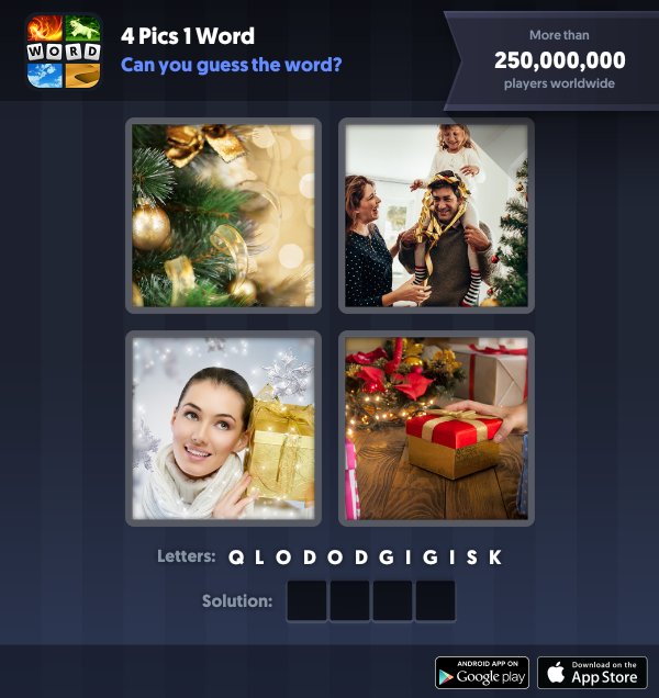 4 Pics 1 Word Daily Puzzle, December 25, 2018 Christmas Answers - gold