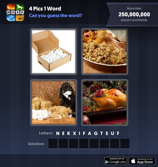 4 Pics 1 Word Daily Puzzle, December 27, 2018 Christmas Answers - stuffing