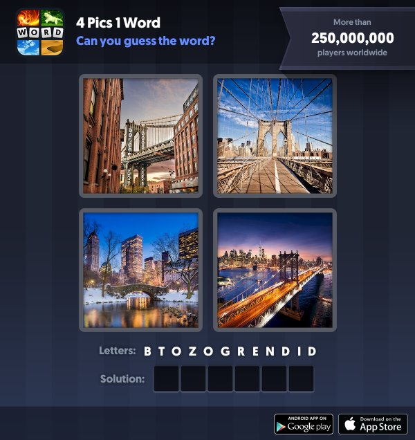 4 Pics 1 Word Daily Puzzle, January 1, 2019 New York Answers - bridge