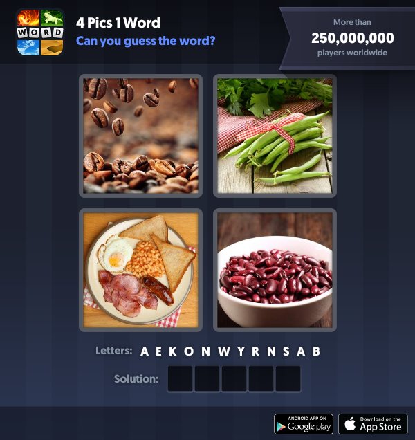 4 Pics 1 Word Daily Puzzle, January 8, 2019 New York Answers - beans